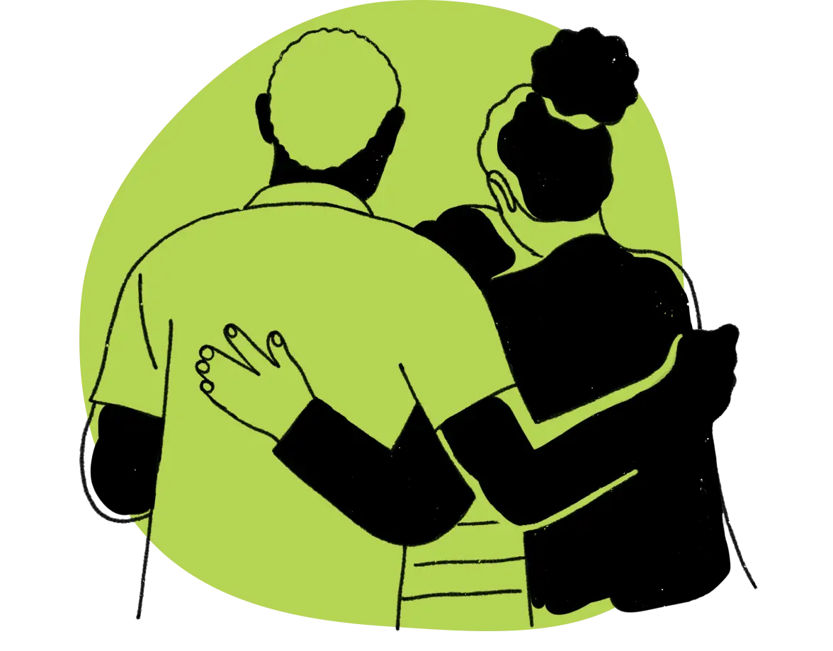 Two people embracing on green background illustration