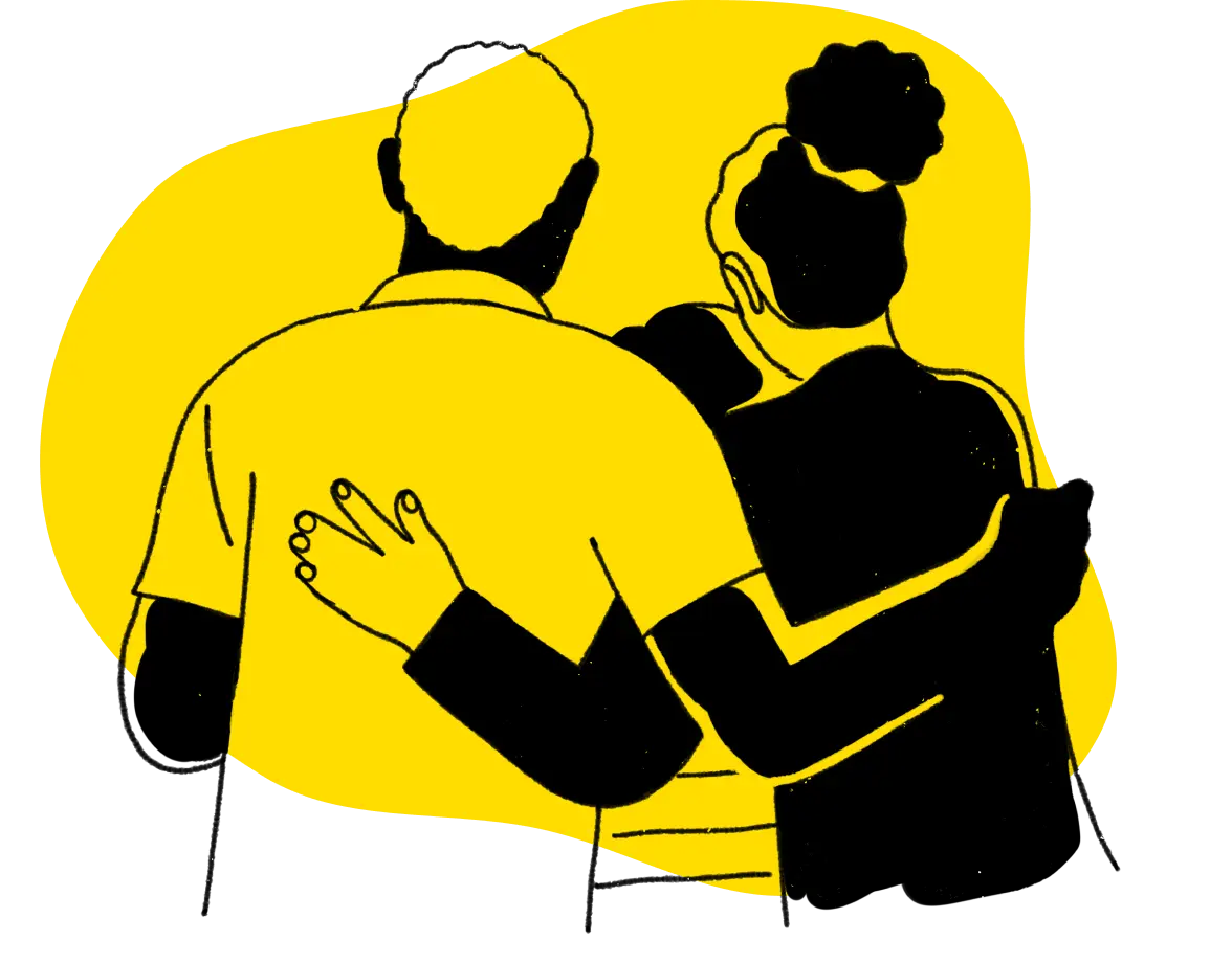 Two people embracing with yellow background illustration
