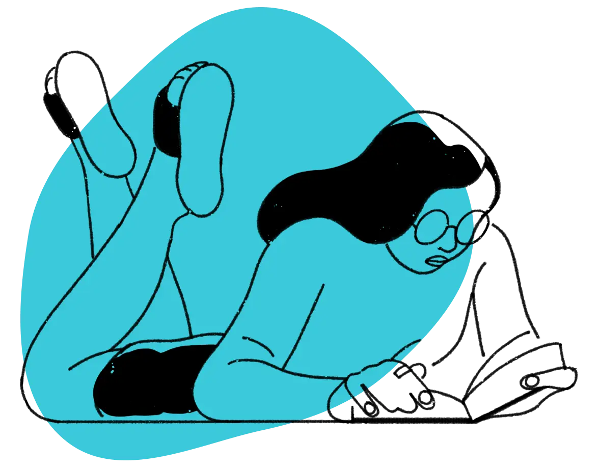 Girl with glasses reading and lying on the ground with blue background illustration