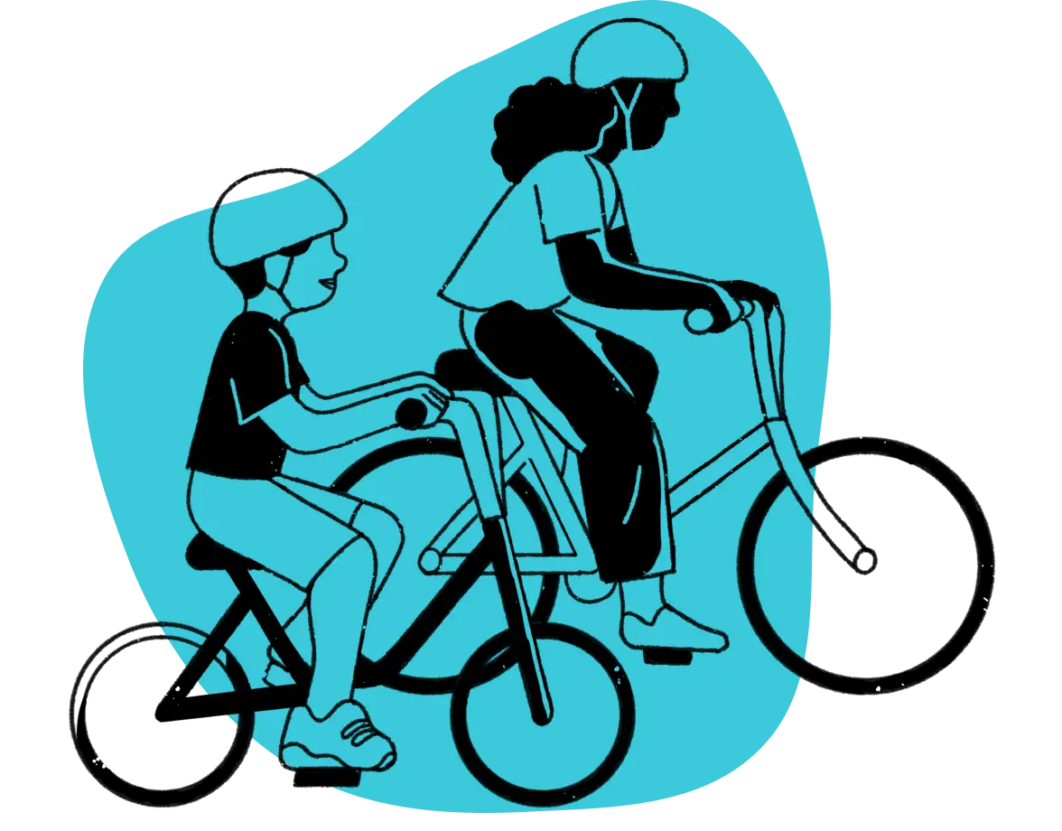 Adult and child riding their bikes with helmets on on blue background illustration