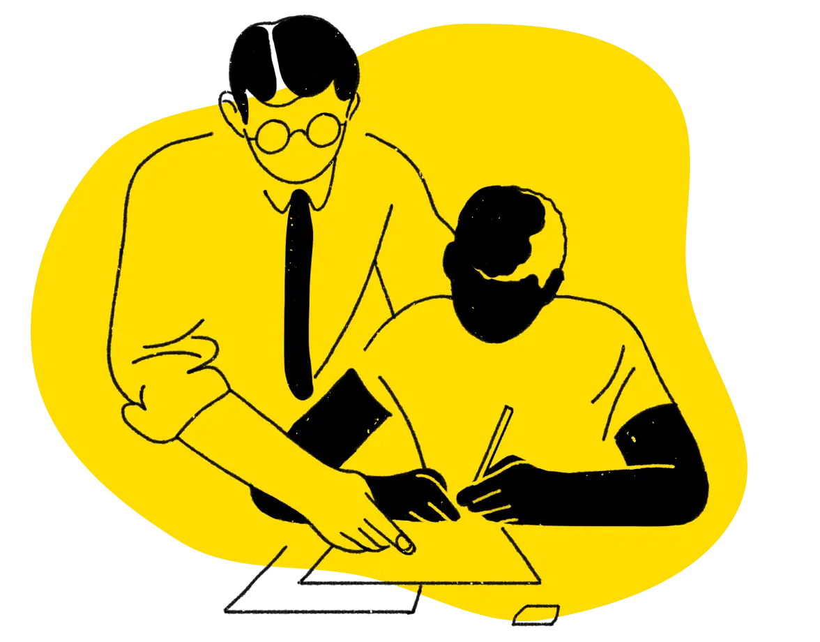 A teacher helping a student who is working on yellow background illustration