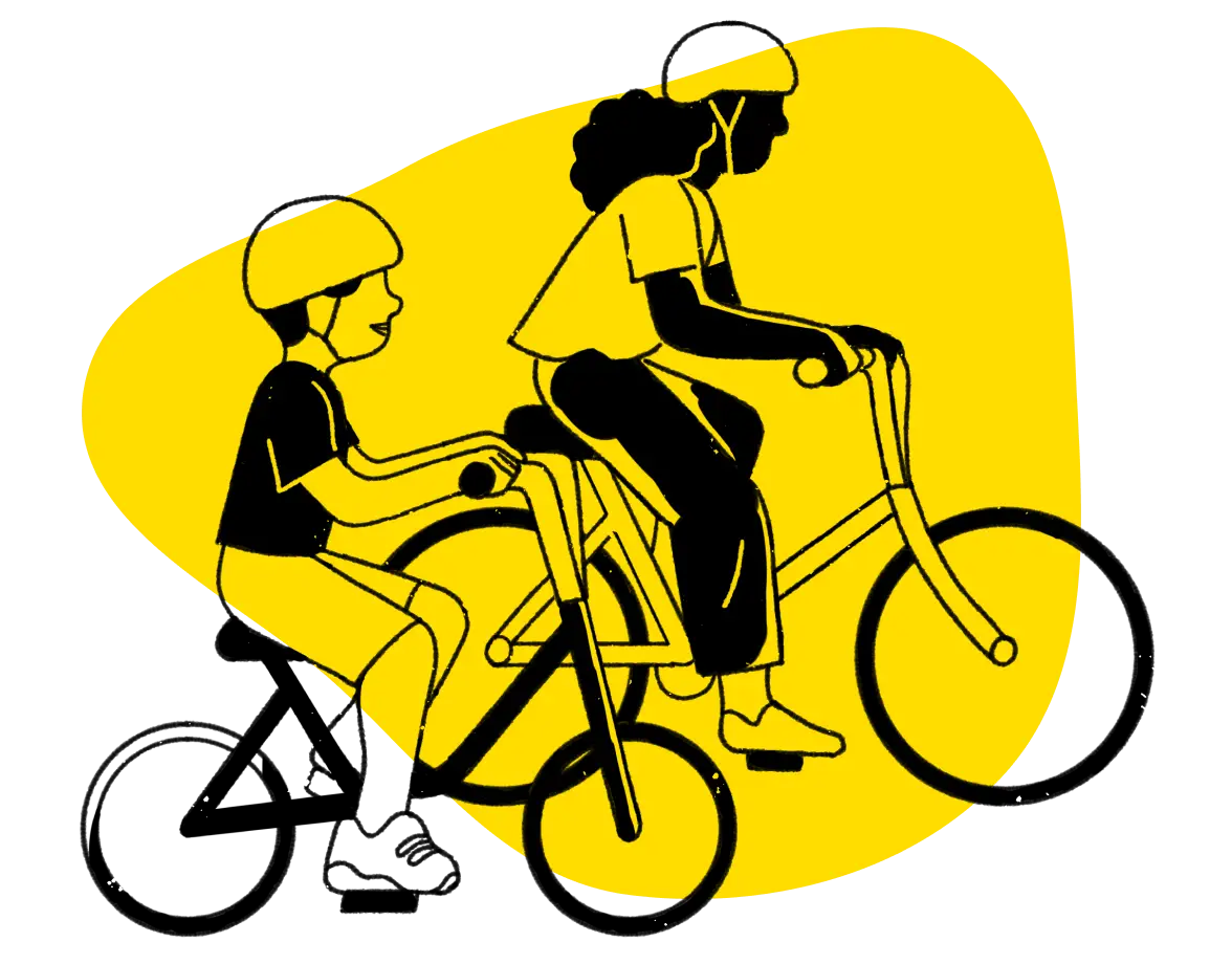 Illustration of an adult and child riding their bikes with helmets on