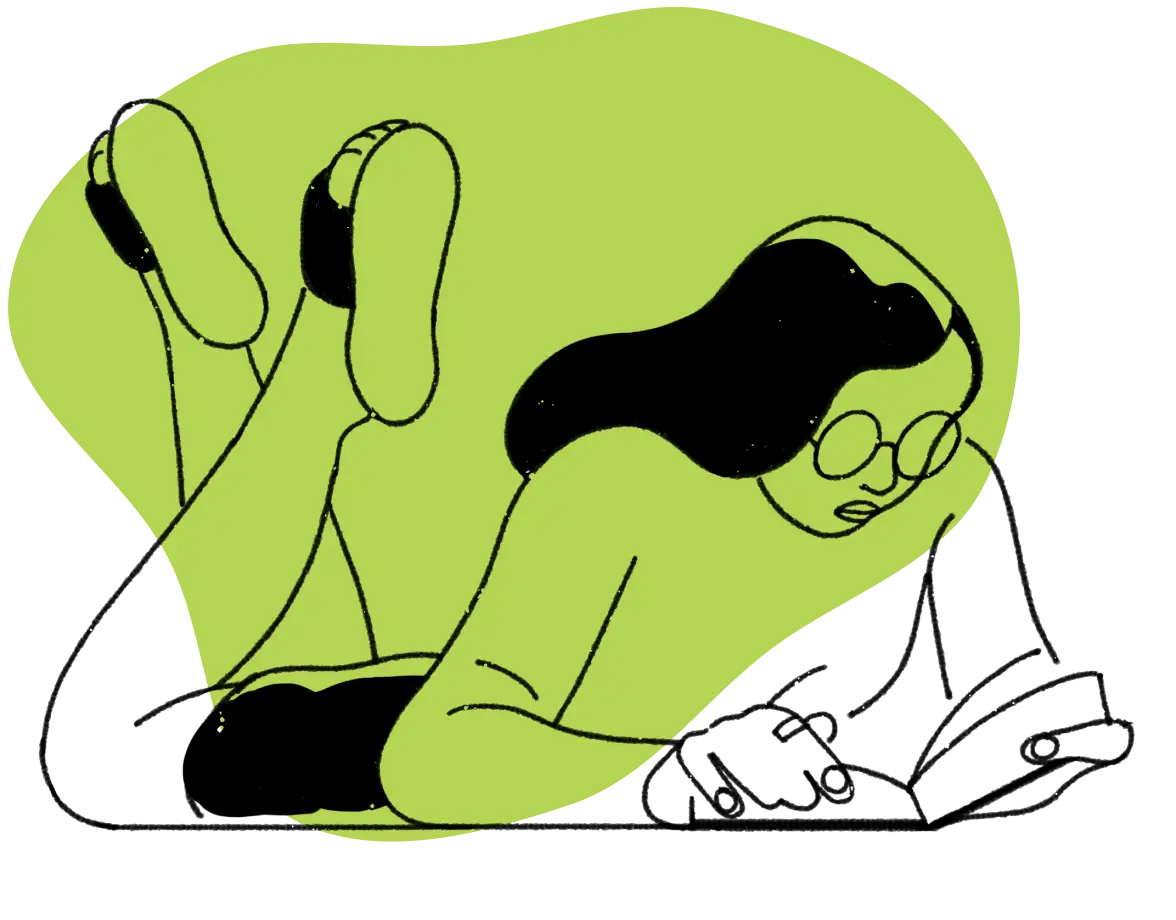 Illustration of person wearing glasses and reading a book while lying on the floor