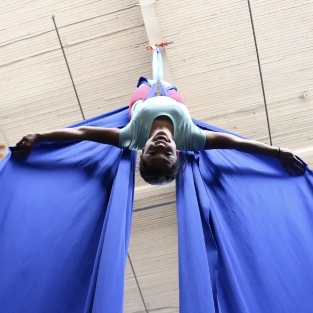 Aerial artist hanging upside down in blue silks and looking at camera
