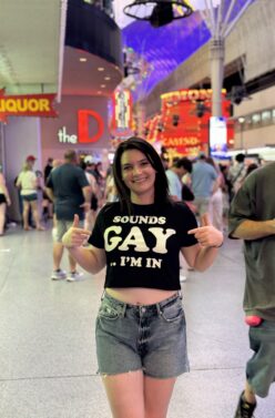 Photo of Vivian wearing a tshirt that says "Sounds gay, I'm in"