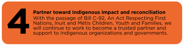 Partner toward Indigenous impact and reconciliation With the passage of Bill C-92, An Act Respecting First Nations, Inuit and Métis Children, Youth and Families, we will continue to work to become a trusted partner and support to Indigenous organizations and governments.